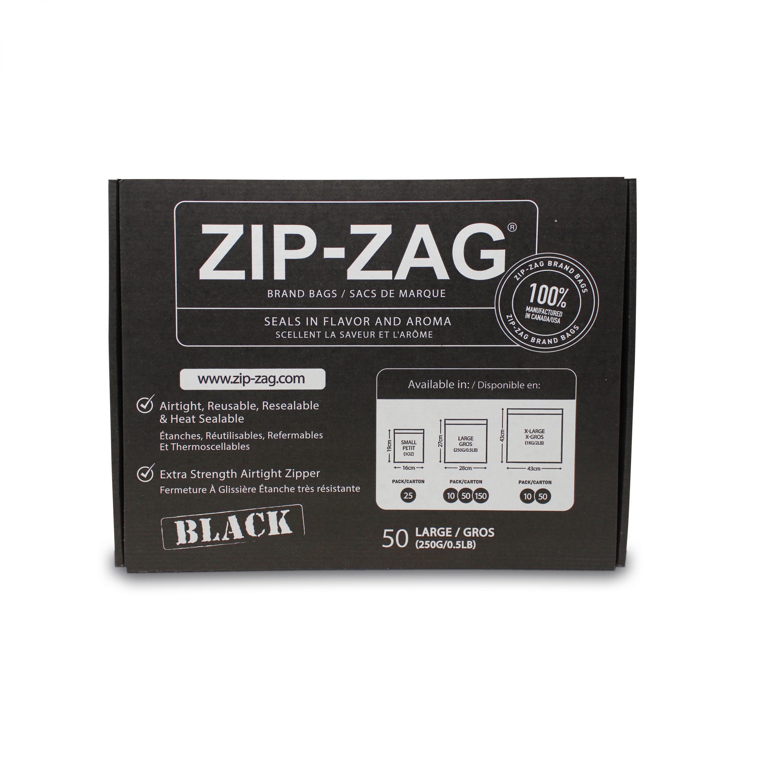 Zip Zag Bag Black Large 50 pack (1/2 lb) Smell Proof Reusable Bag